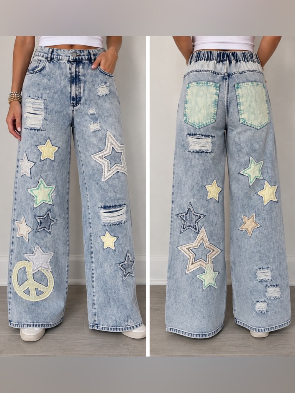 Blue Velvet Star Peace Patch Wide Leg Distressed Jeans/MSRP $134